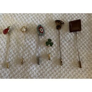 Vintage Lot Of 6 Stick Pins, Enamel, Pearl, Apple, Shamrock And Various Stones
